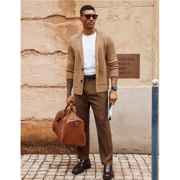 Men's Sweater Shawl Collar Button Down Jacket Khaki - Picture 3 of 6